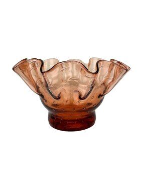 Ruffle Glass Bowl Vintage Peach Amber Controlled Bubble Boho Decor MCM READ
